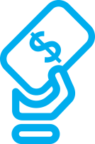 Icon of a blue hand holding a blue card with a dollar sign on it