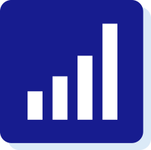 Icon of a white bar graph on a blue background. The bars are increasing