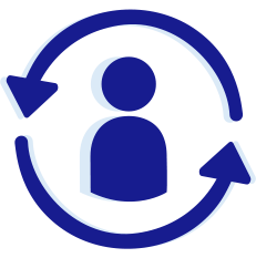 Blue human icon in side of two blue arrows rotating clockwise
