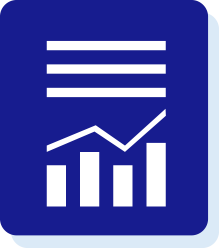 Icon of text, bar graph and trendline on a blue background